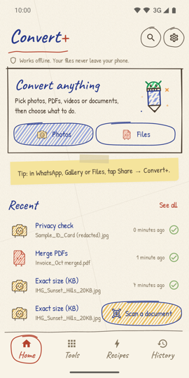 The Convert+ home screen: a 'Convert anything' card with Photos and Files buttons, and a list of recent results