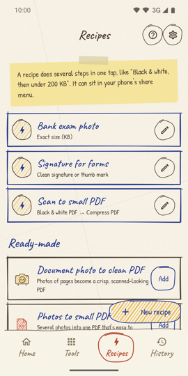 Recipes screen with saved multi-step recipes